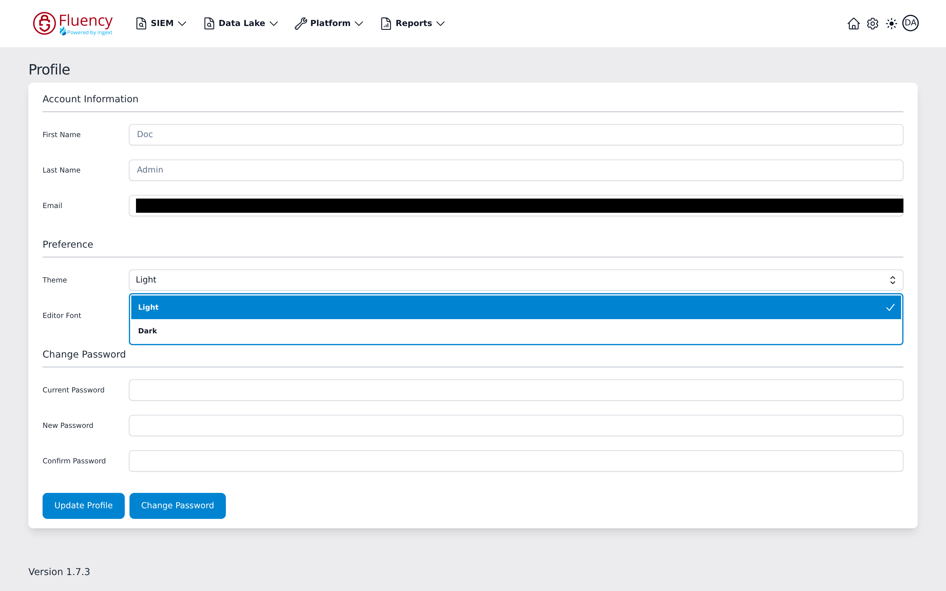 Profile Theme drop-down open, showing the Light and Dark options