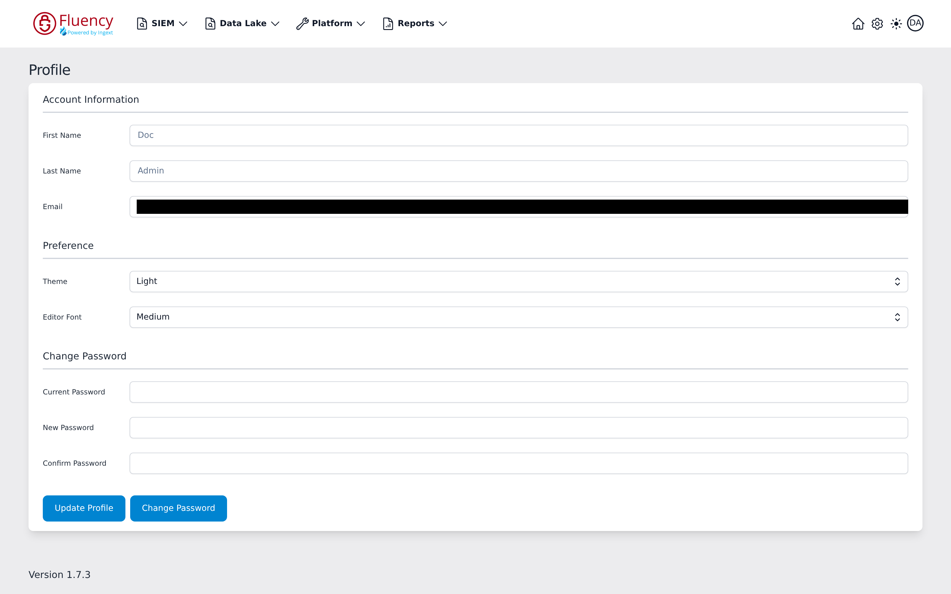 Profile page with Account Information, Preference, and Change Password sections and Update Profile and Change Password buttons