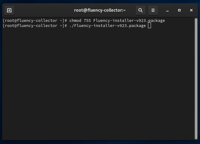 Terminal showing chmod making the installer package executable and the package being run