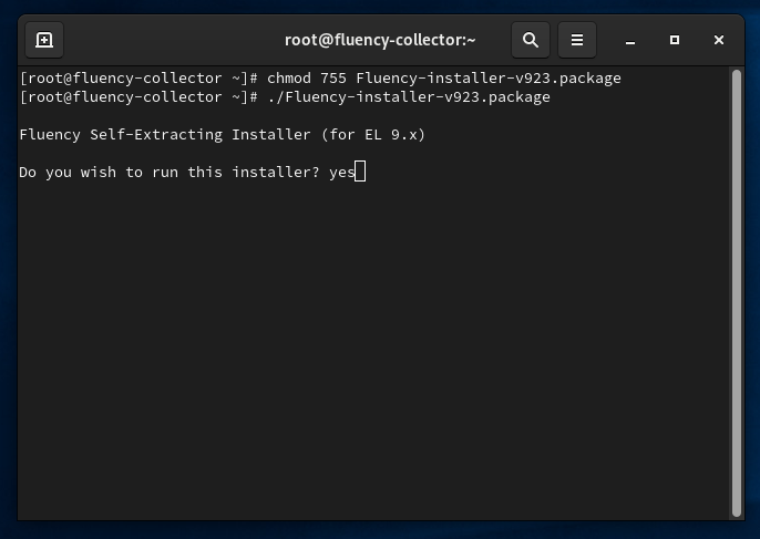 Installer banner reading Fluency Self-Extracting Installer (for EL 9.x), with Do you wish to run this installer answered yes