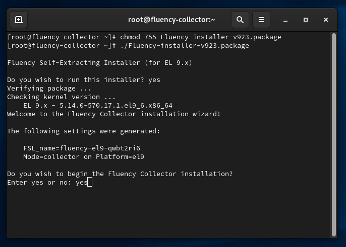 Installer verifying the package, reporting the EL 9.x kernel, listing the generated settings, and asking whether to begin the installation