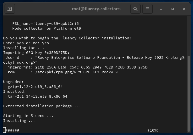Installer installing tar, extracting the installation package and starting the installation, with the progress bar at 10%