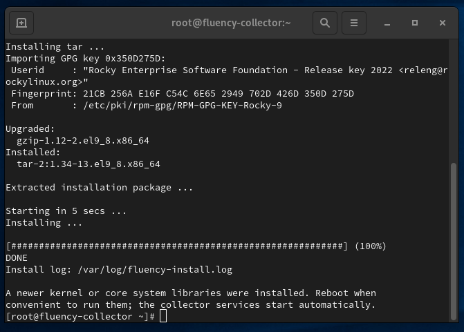 Installer progress bar at 100%, followed by DONE, the install log location and a notice to reboot when convenient