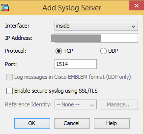 ASDM Add Syslog Server dialog with Interface, IP Address, Protocol TCP or UDP, Port, the EMBLEM checkbox, Enable secure syslog using SSL/TLS and Reference Identity