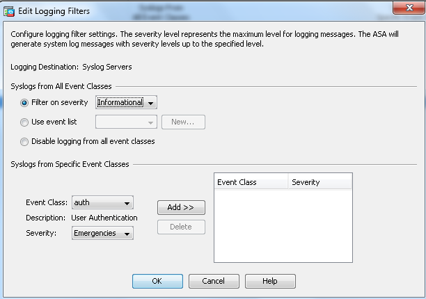 ASDM Edit Logging Filters dialog for the Syslog Servers destination, with Filter on severity set to Informational
