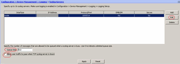 ASDM Syslog Servers pane listing one server, with the Queue Size field and the Allow user traffic to pass when TCP syslog server is down checkbox circled