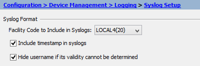 ASDM Syslog Setup pane showing the facility code LOCAL4(20), Include timestamp in syslogs ticked, and Hide username if its validity cannot be determined ticked