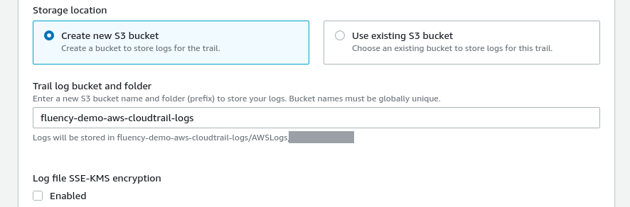Storage location section of the Create trail form, with Create new S3 bucket selected, a bucket name entered, and Log file SSE-KMS encryption cleared; the account number redacted
