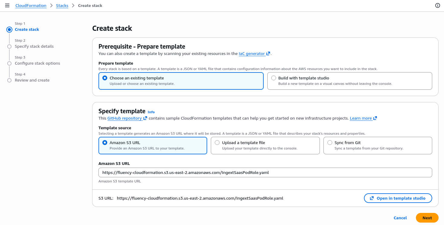 CloudFormation Create stack step, with Amazon S3 URL selected and the IngextSaasPodRole.yaml URL entered