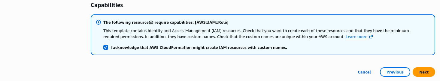 Capabilities box at the bottom of Configure stack options, with the IAM acknowledgement ticked