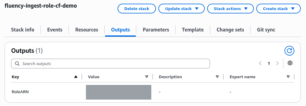 Stack Outputs tab with the single RoleARN output; its value redacted