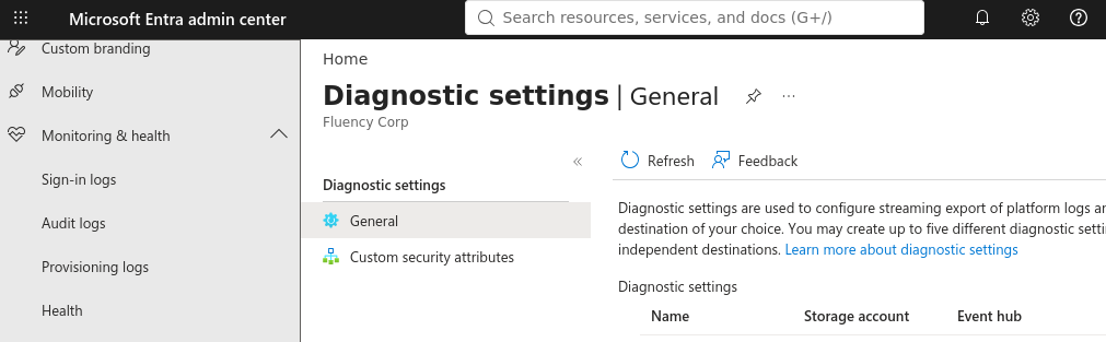 Diagnostic settings page in the Microsoft Entra admin center, reached from Monitoring & health, with its General and Custom security attributes tabs