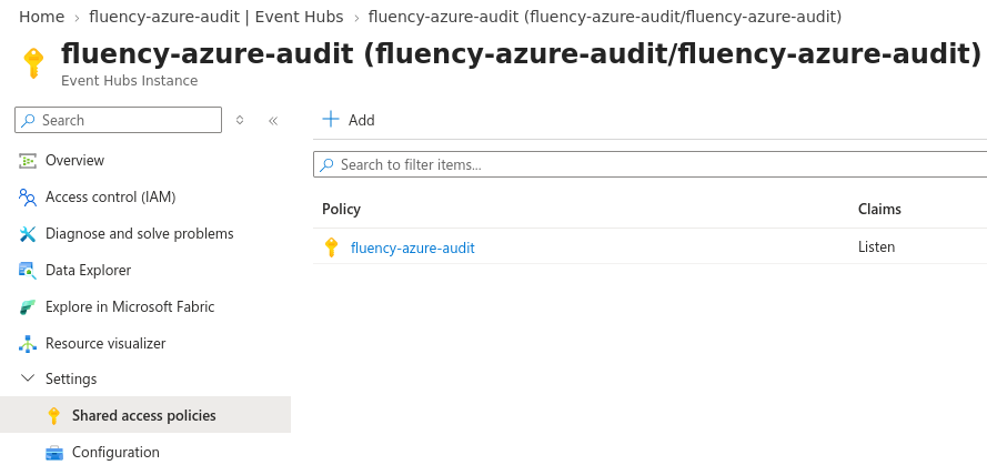 Shared access policies page headed Event Hubs Instance, listing the fluency-azure-audit policy with the Listen claim