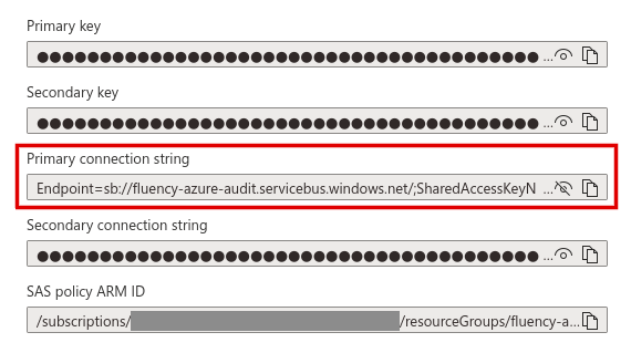 The five SAS Policy values with Primary connection string boxed in red and revealed, starting Endpoint=sb://fluency-azure-audit.servicebus.windows.net/;SharedAccessKeyN and cut off by the field's width; the two keys and the Secondary connection string are masked